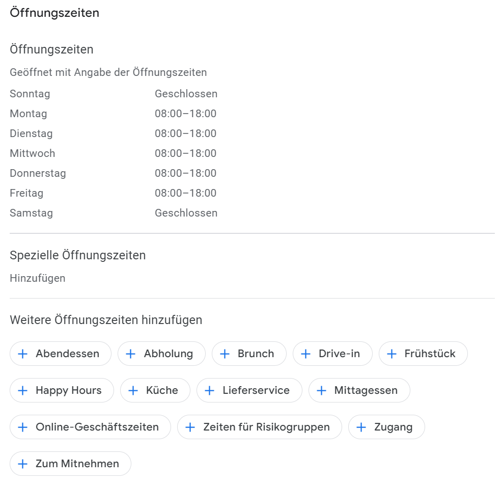 Öffnungszeiten Google Unternehmensprofil mit Standard und besonderen Öffnungszeiten